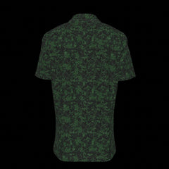 Back of a green camouflage patterned button down short sleeve shirt on a black background