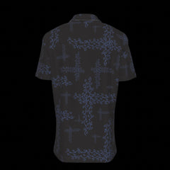 Back of black shirt with blue intricate patterns on a black background