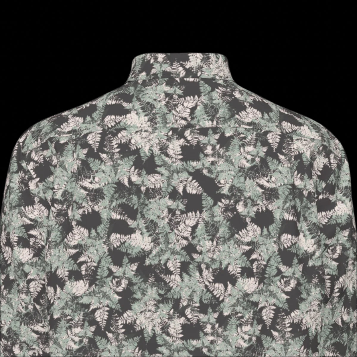 Top back of floral patterned long sleeve shirt on a black background