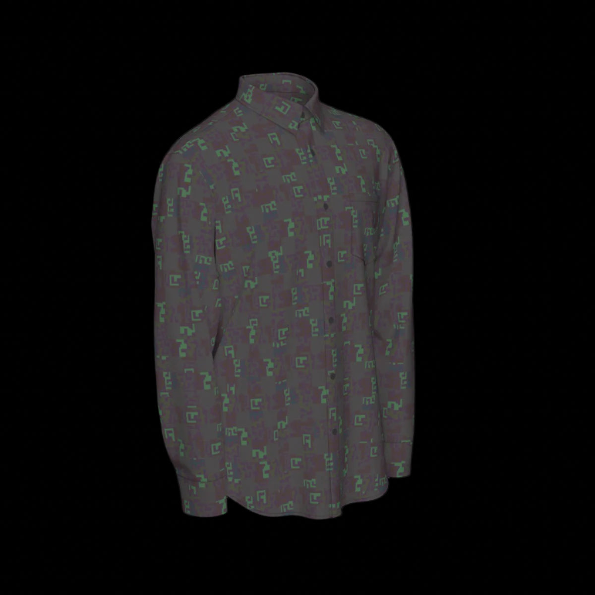 Right side of a dark patterned long sleeve shirt on a black background