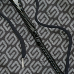 Front detail of a patterned hoodie