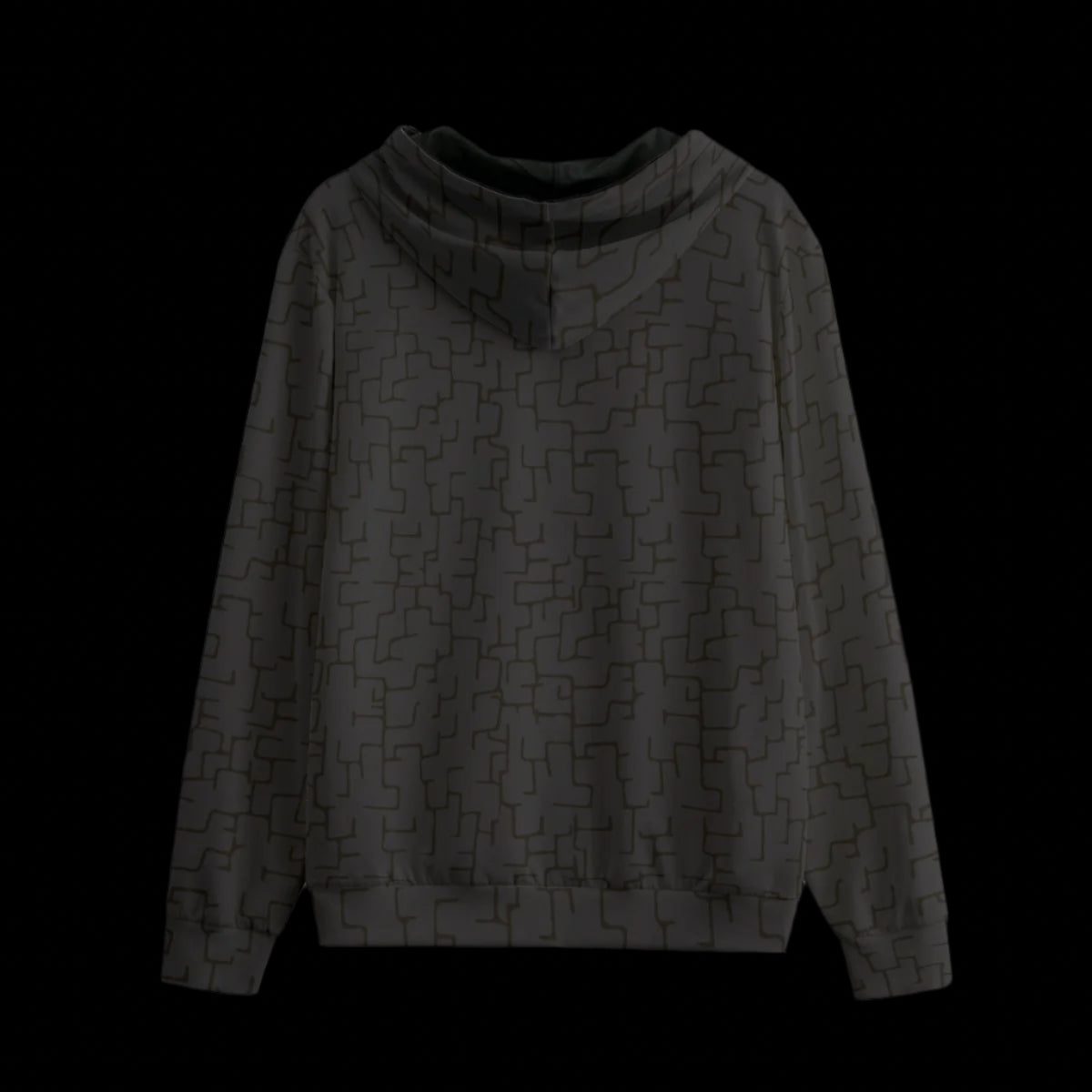 Back of a black patterned hoodie on a black background