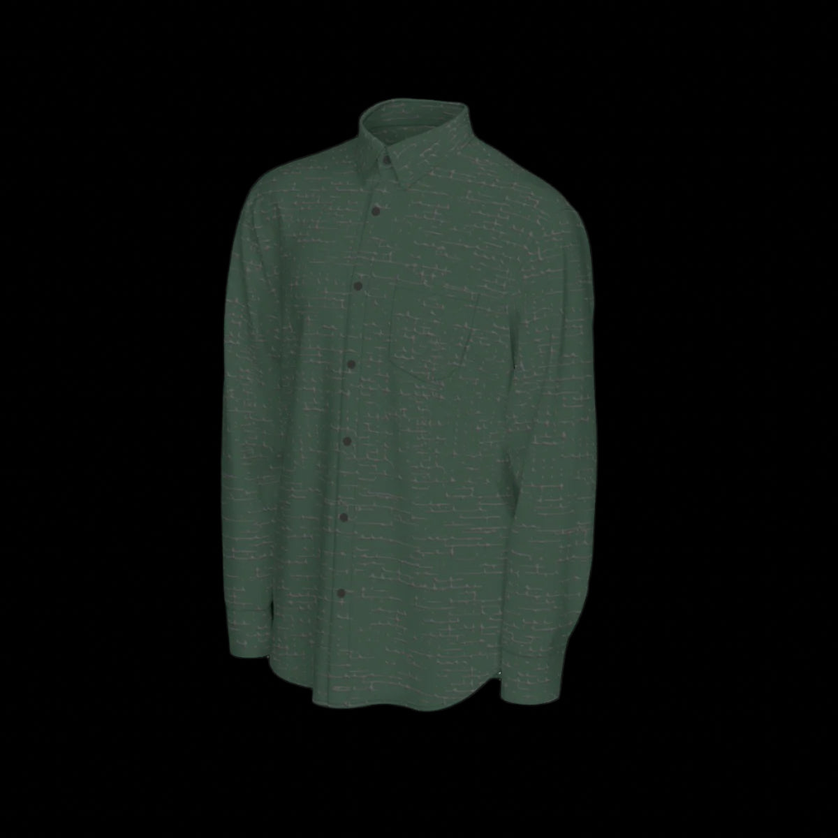 Left side of a green long sleeve shirt on a black background