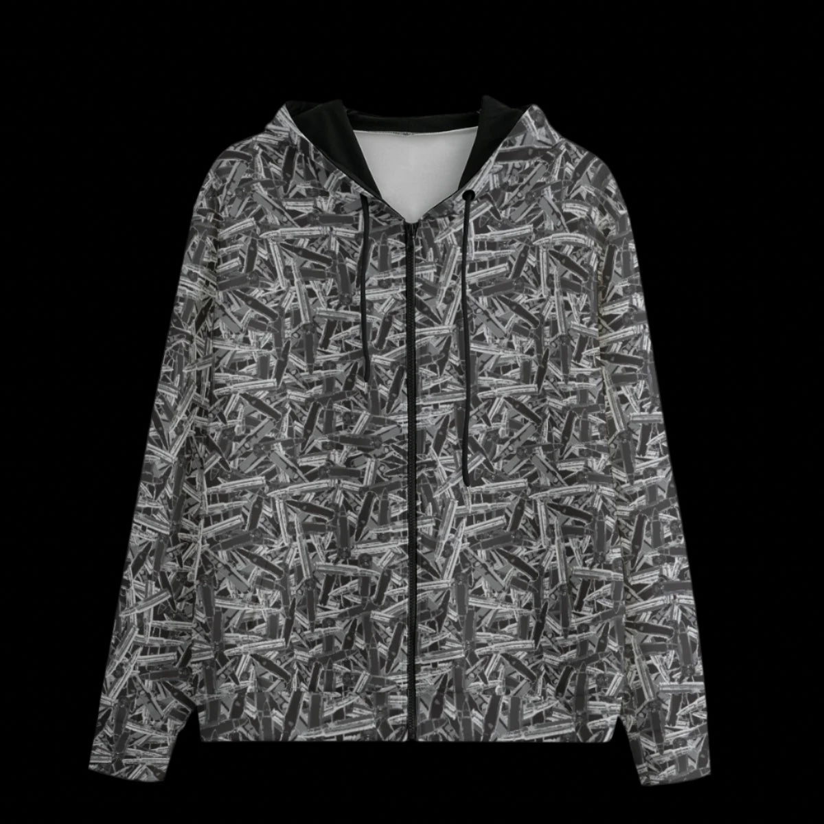 Front of a hoodie with a geometric pattern on a black background