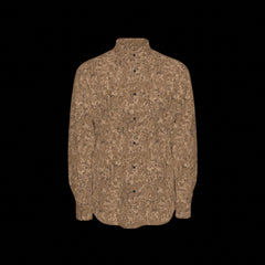 Front of brown patterned long sleeve shirt on a black background