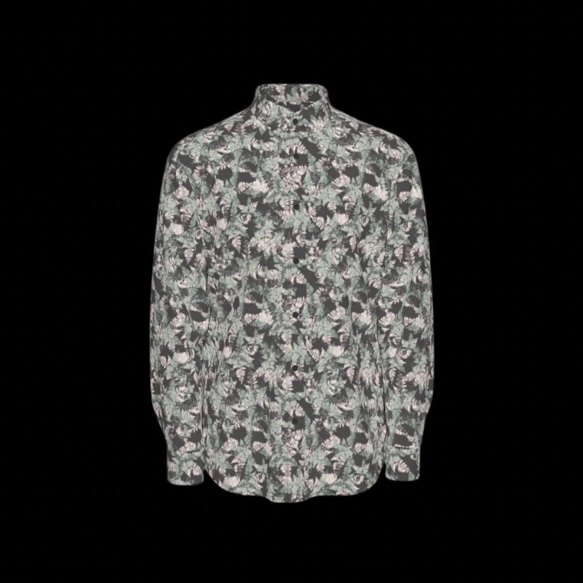 Front of floral patterned long sleeve shirt on a black background
