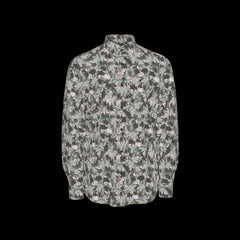 Front of floral patterned long sleeve shirt on a black background