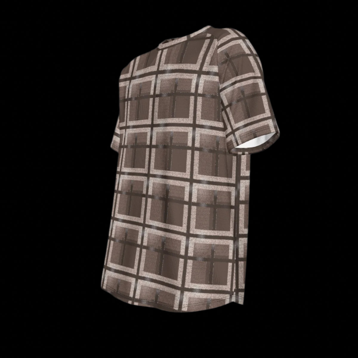 Left side of plaid shirt with brown and beige pattern on a black background