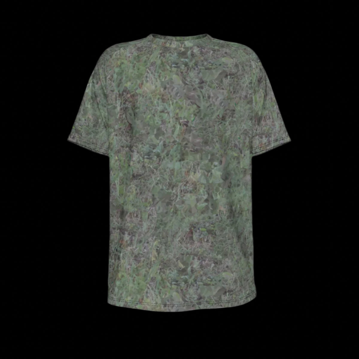 Front of camouflage-patterned shirt on a black background