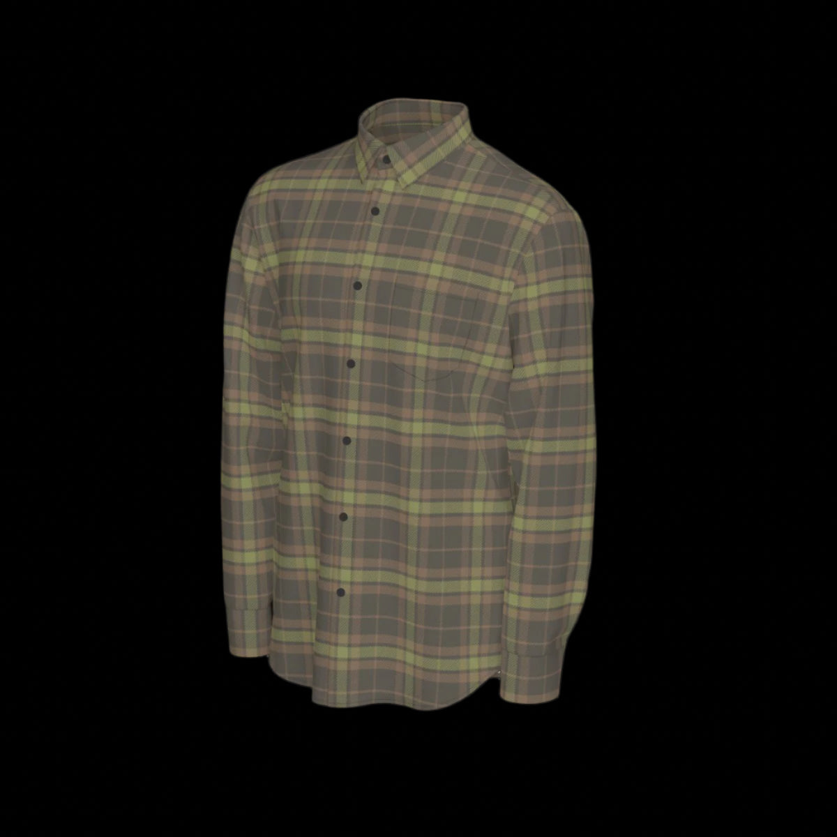 Left side of a green plaid long sleeve shirt on a black background