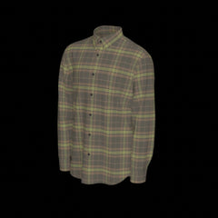 Left side of a green plaid long sleeve shirt on a black background