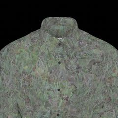 Top front of green patterned long sleeve shirt on a black background