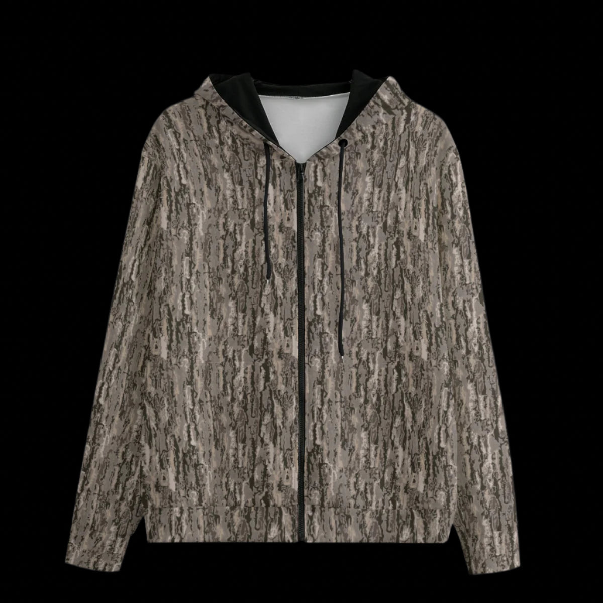 Front of hoodie with a unique pattern on a black background