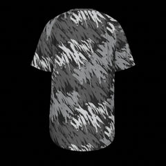Back of black and gray patterned t-shirt on a black background