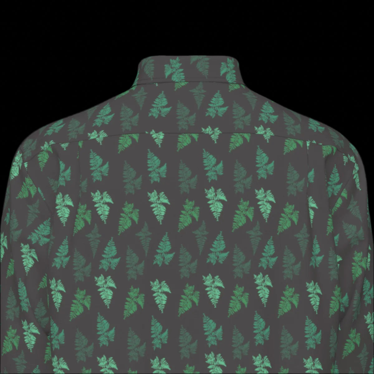 Top back of green and black patterned long sleeve shirt on a black background