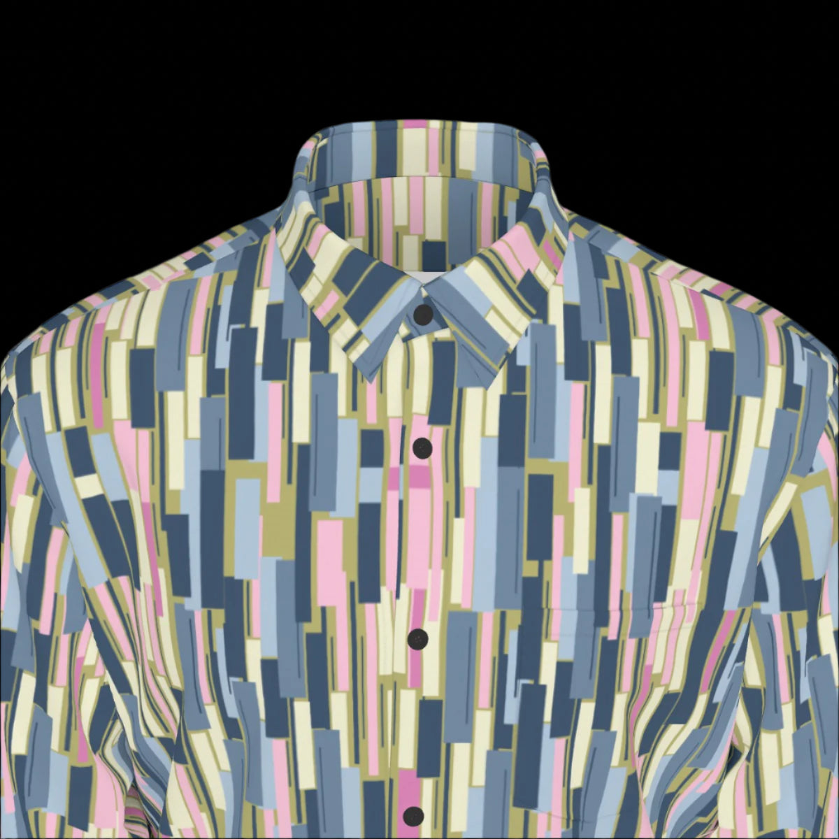 Top front of long-sleeve shirt with geometric pattern on a black background