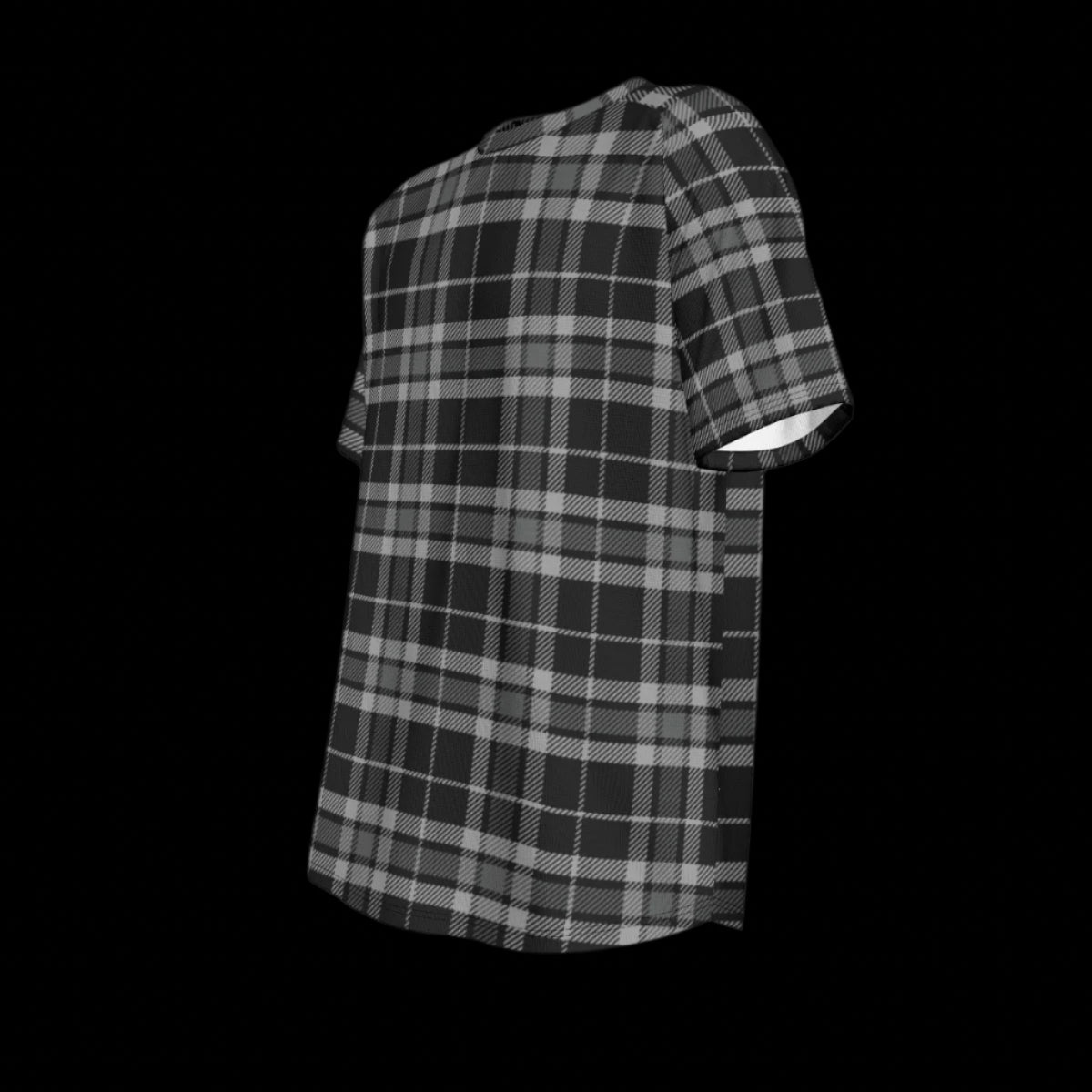 Left side of black and white plaid T-shirt on a black background