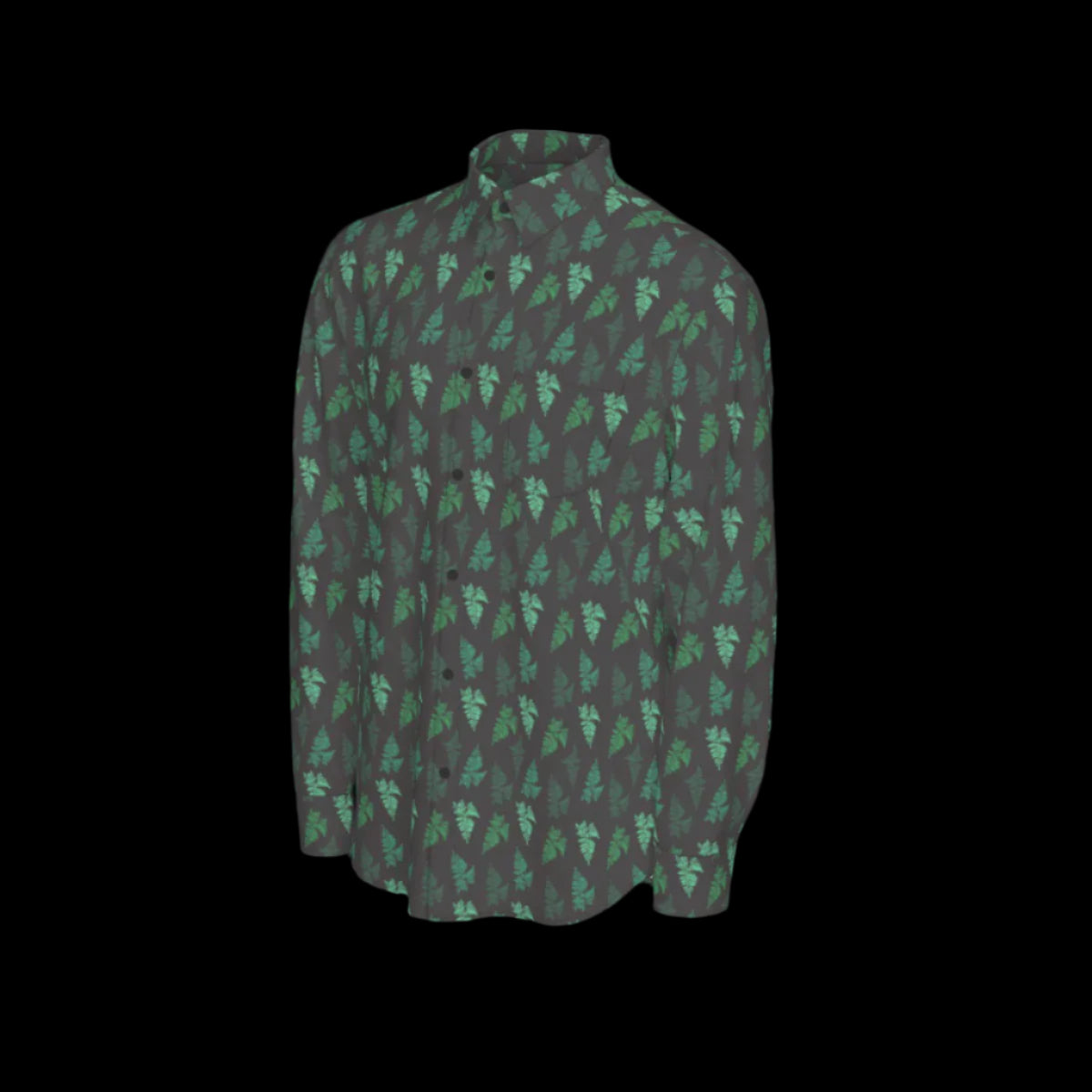 Left side of green and black patterned long sleeve shirt on a black background