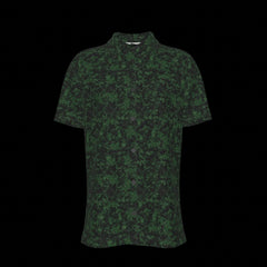 Front of a green camouflage patterned button down short sleeve shirt on a black background