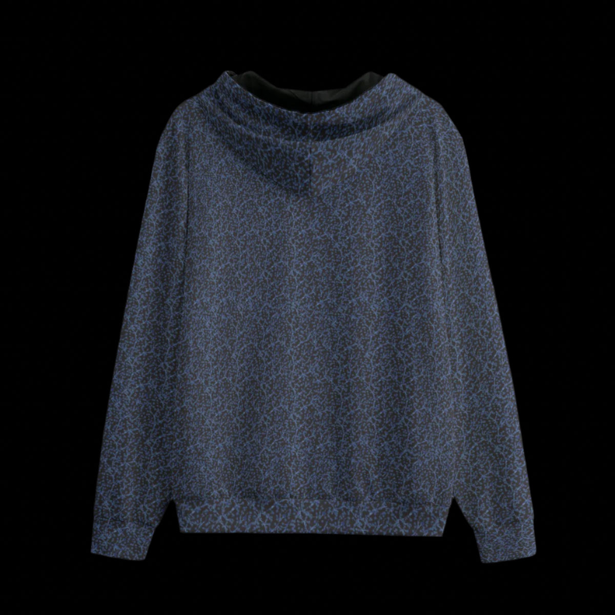 Back of a black zipper hoodie with a blue and gray design on a black background