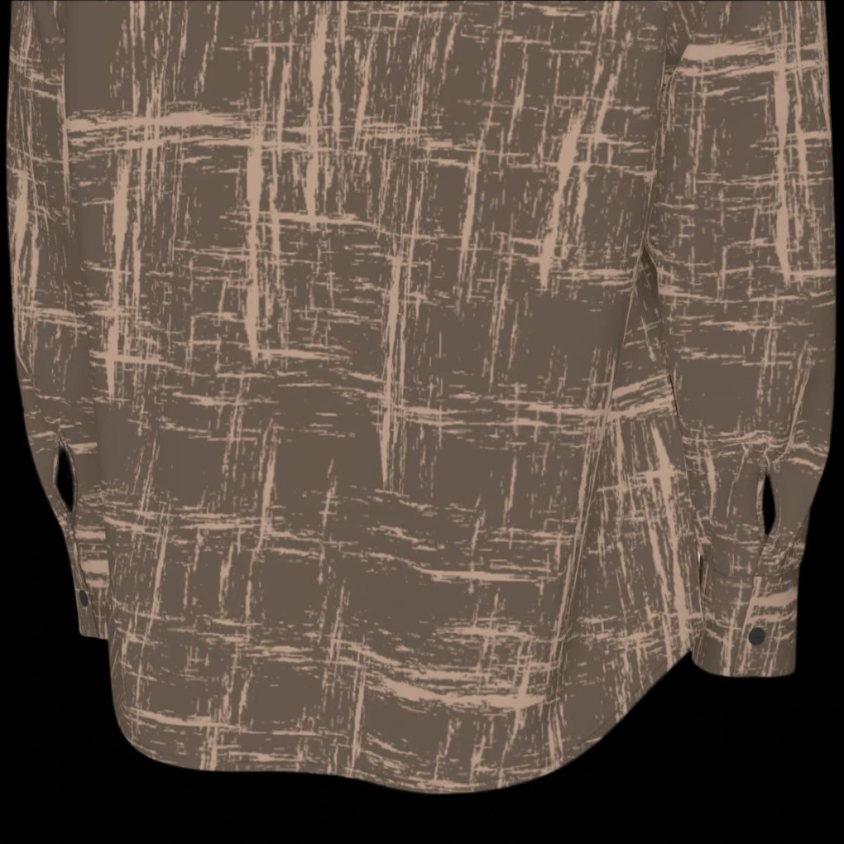 Bottom of back of brown patterned shirt shown from front and back on a black background