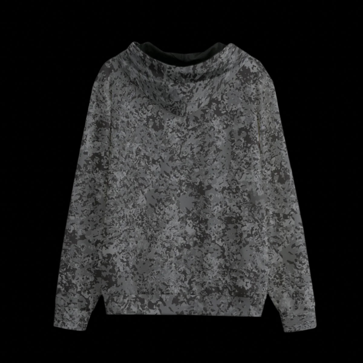 Back of gray camouflage hoodie on a black background