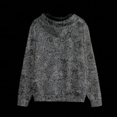 Back of gray camouflage hoodie on a black background