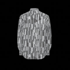 Back of grey patterned long sleeve shirt on a black background