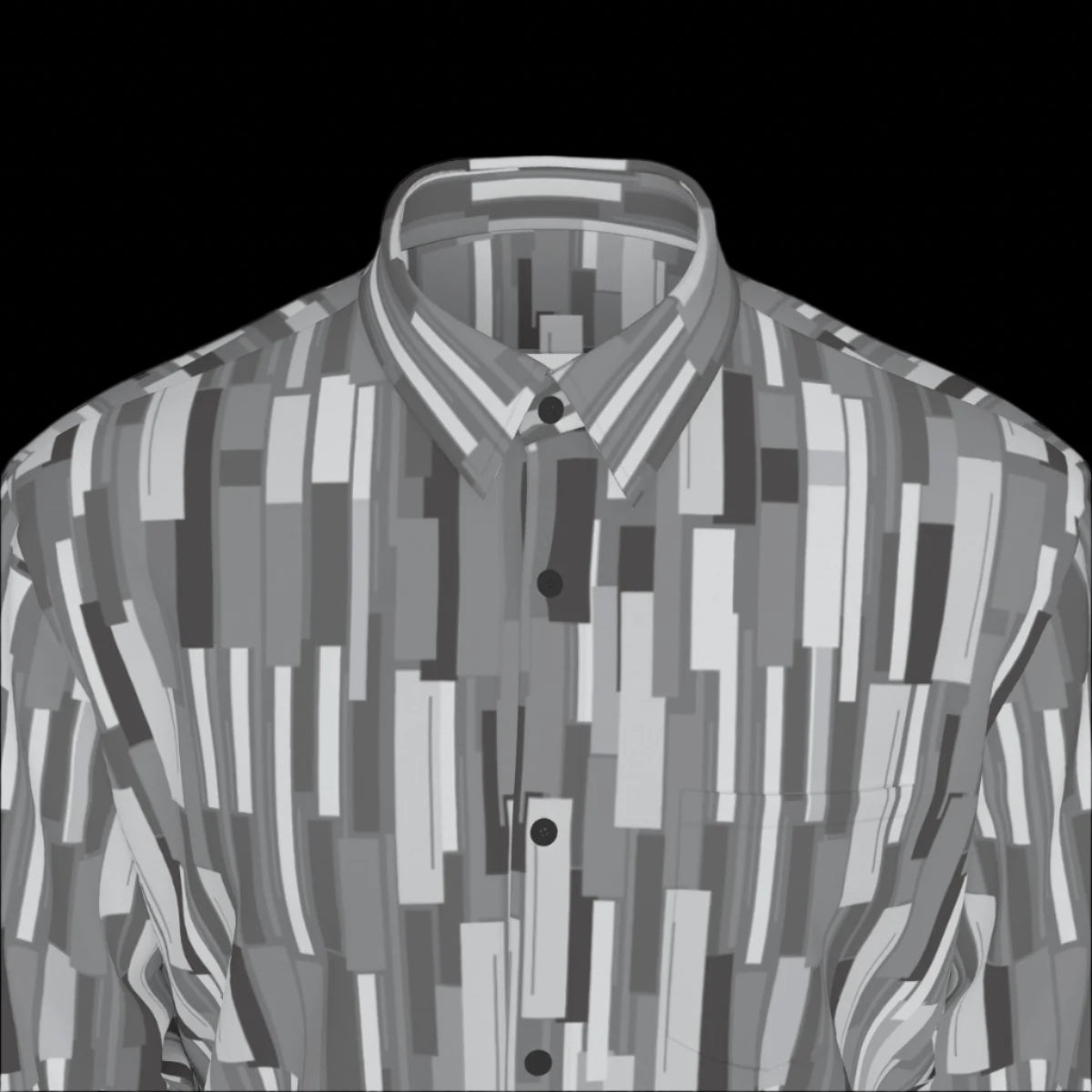 Top front of grey patterned long sleeve shirt on a black background