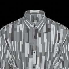 Top front of grey patterned long sleeve shirt on a black background