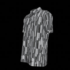 Left side of short-sleeve shirt with geometric pattern on a black background
