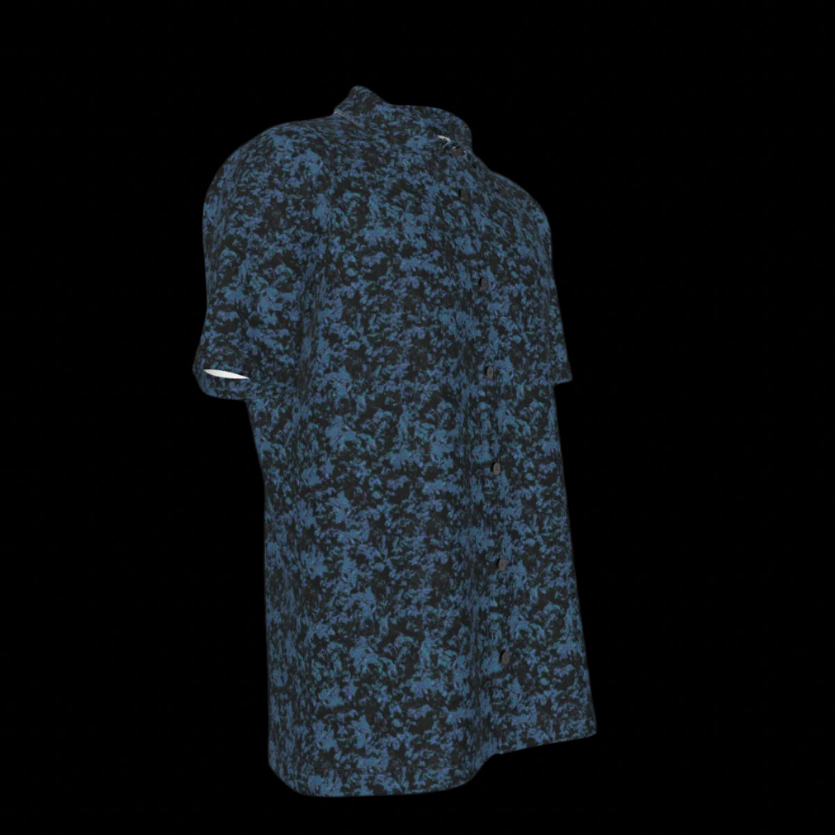 Right side of a blue and black patterned button down short-sleeved shirt on a black background