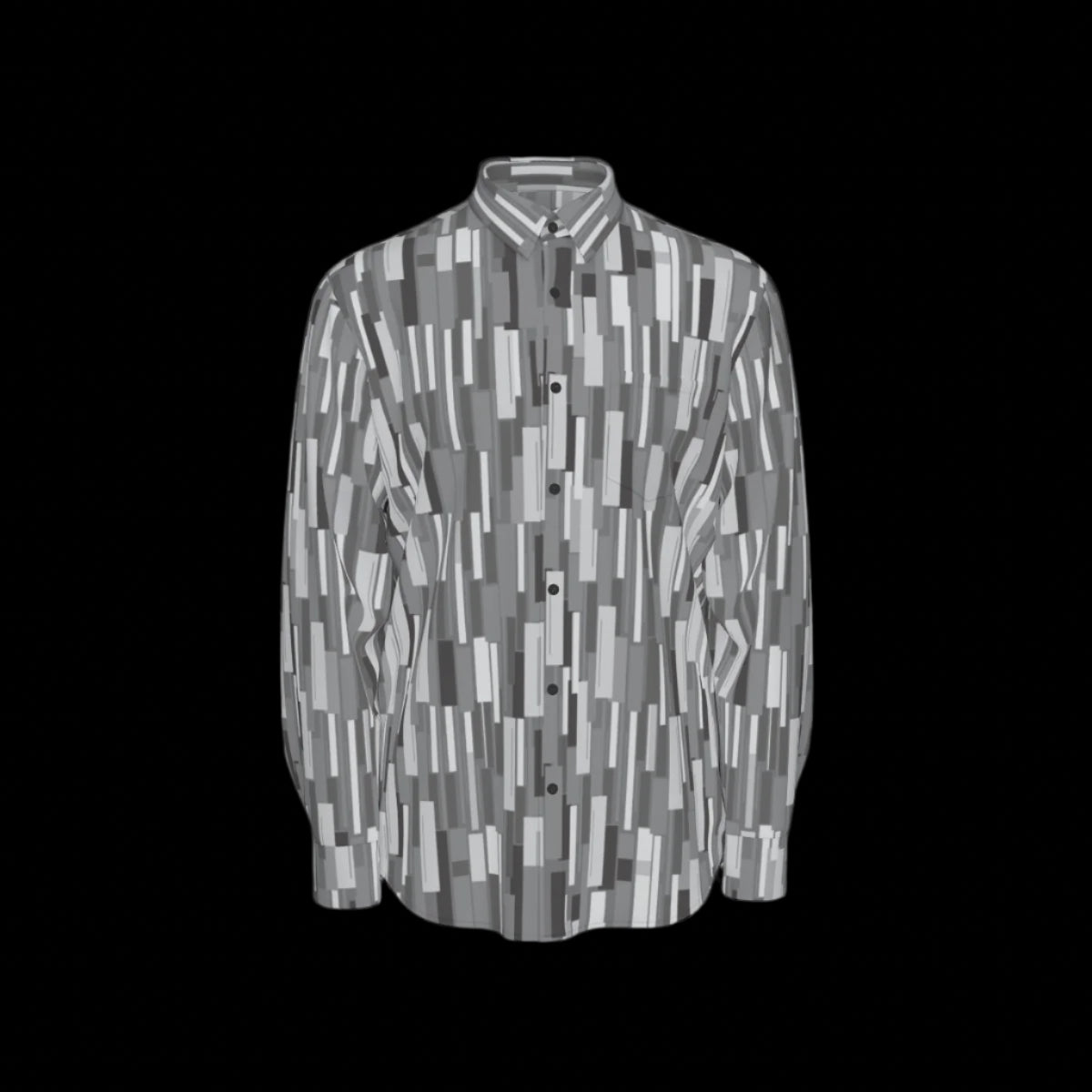 Front of grey patterned long sleeve shirt on a black background