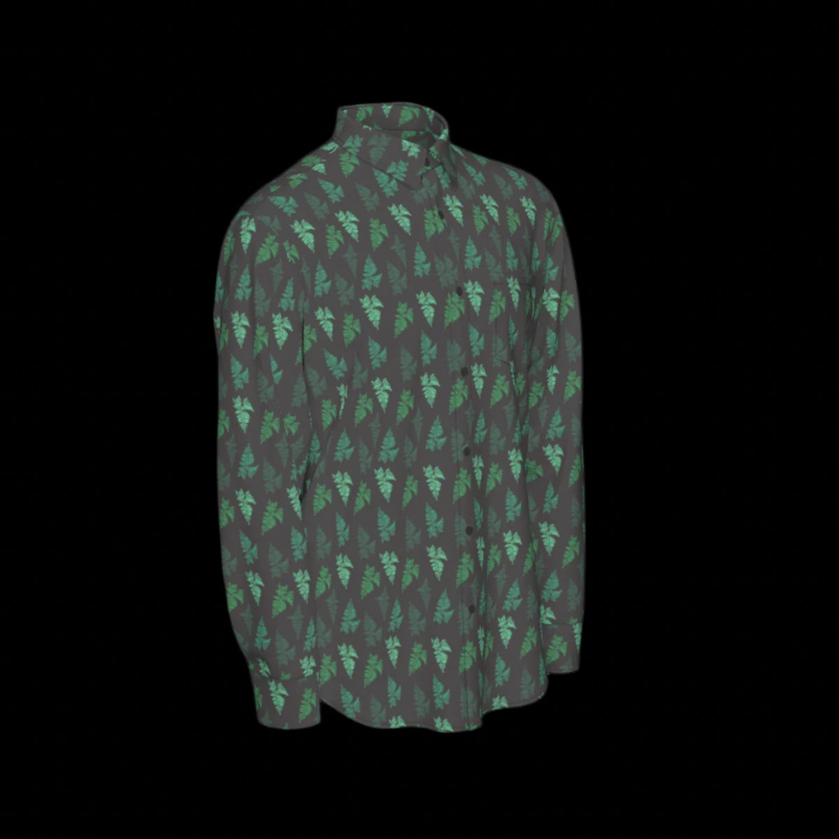 Right side of green and black patterned long sleeve shirt on a black background