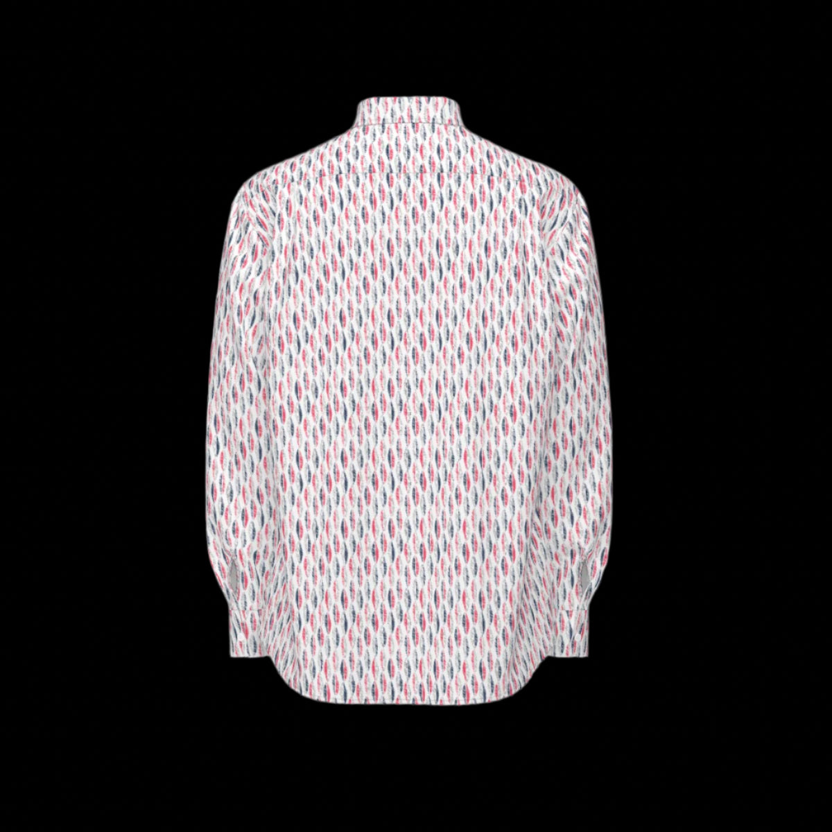 Back of patterned long sleeve shirt on a black background