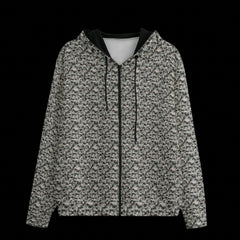 Front of Hoodie with black and white pattern on a black background