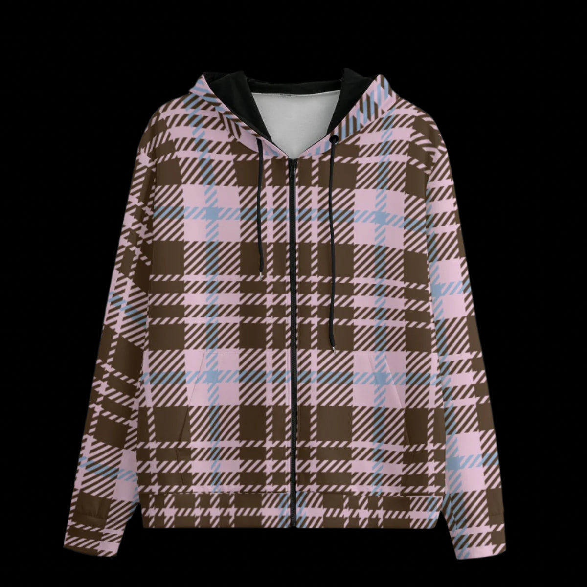 Front of plaid patterned hoodie on a black background