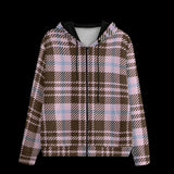 Front of plaid patterned hoodie on a black background