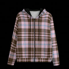 Front of plaid patterned hoodie on a black background
