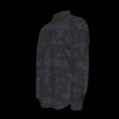 Left side of black shirt with blue floral pattern on a black background