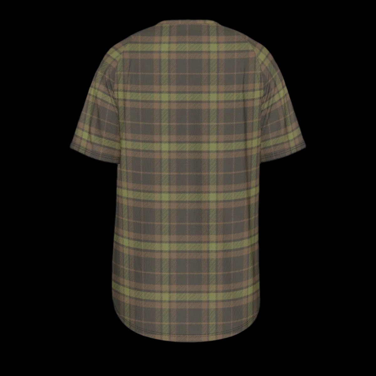 Back of green and brown plaid t-shirt on a black background