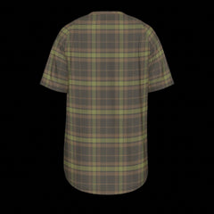 Back of green and brown plaid t-shirt on a black background
