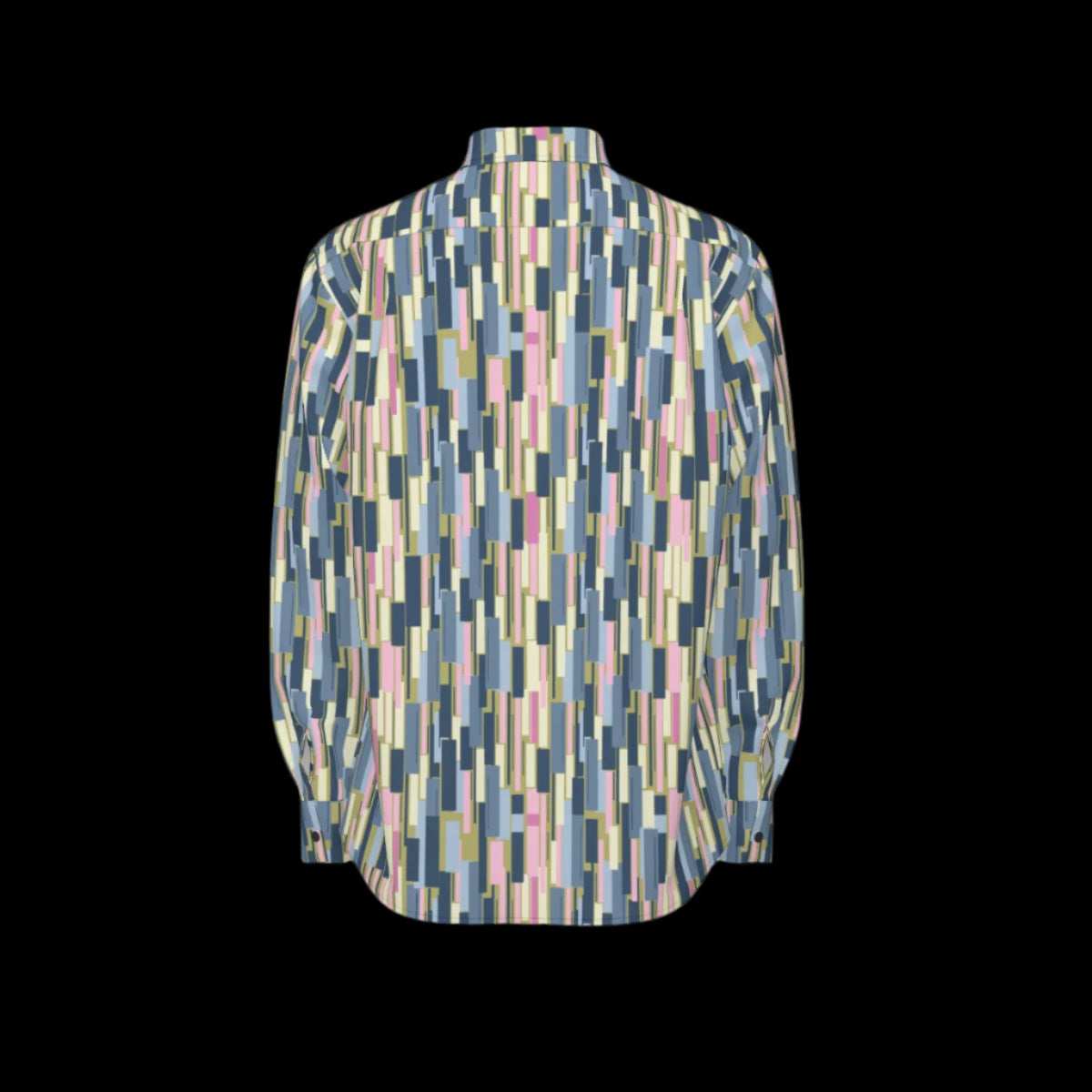 Back of long-sleeve shirt with geometric pattern on a black background