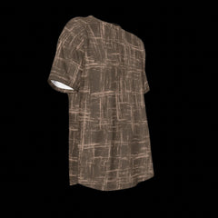 Right side of brown patterned t-shirt on a black background