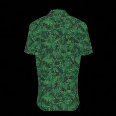 Back of camouflage patterned button down short sleeve shirt on a black background