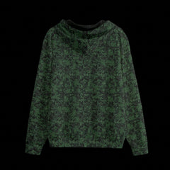 Back of a hoodie with a geometric pattern on a black background
