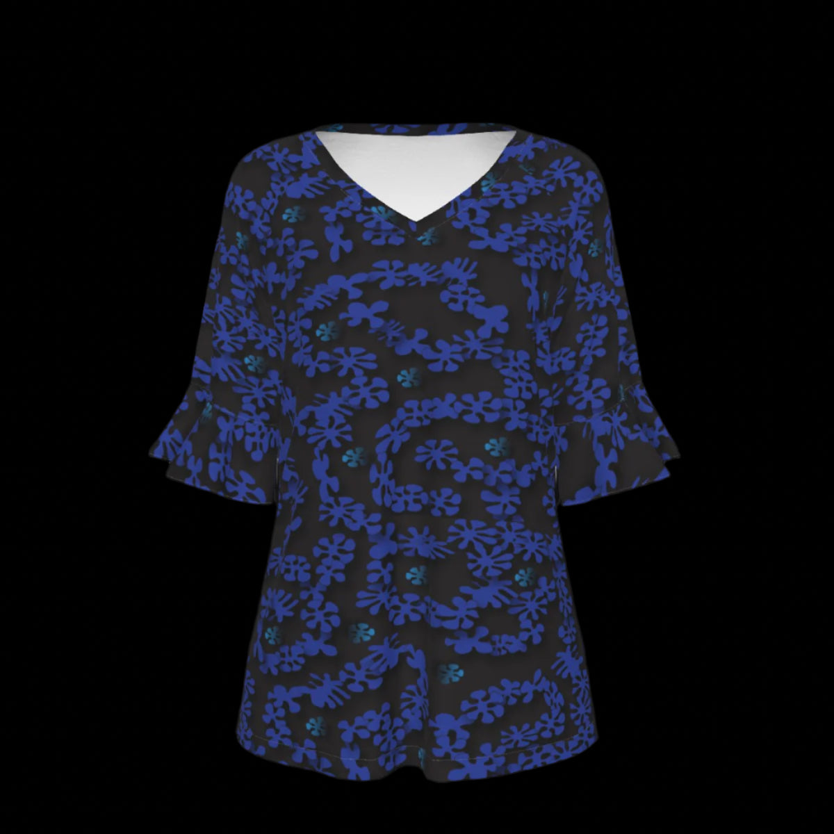 Fron of black blouse with blue floral pattern on a black background
