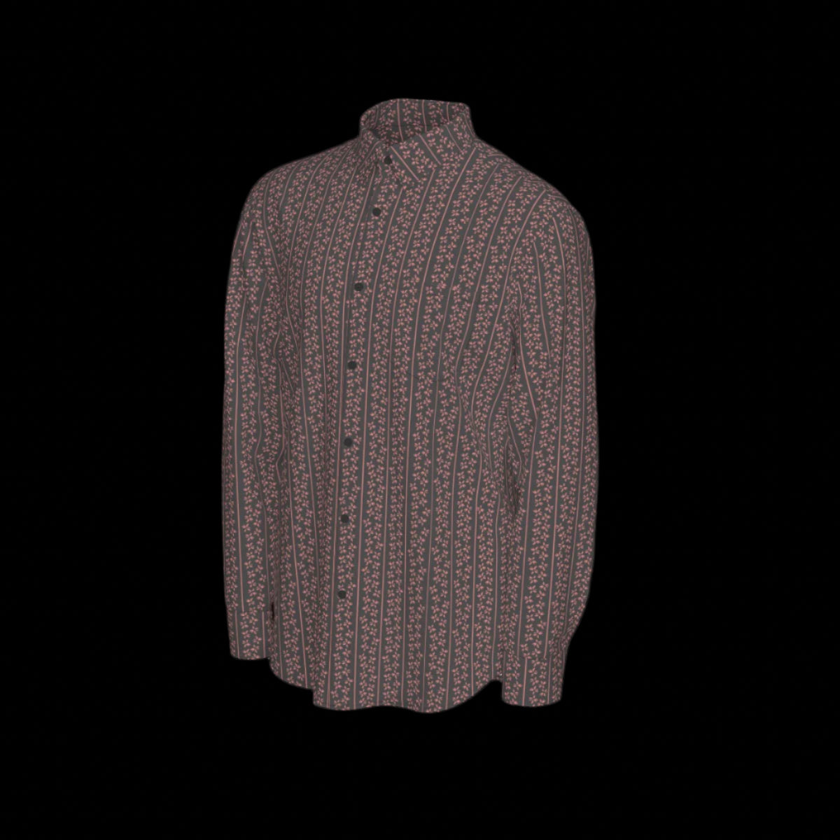 Left side of a long sleeved patterned shirt on a black background