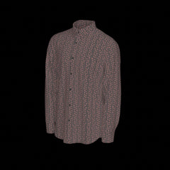 Left side of a long sleeved patterned shirt on a black background
