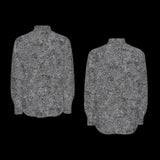 Front and back of a gray patterned long sleeve shirt on a black background